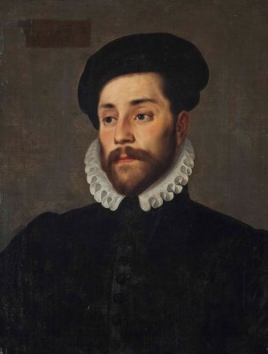 Portrait of a gentleman, half-length, in a black doublet, white ruff and black hat by Giovanni Battista Moroni, 1567