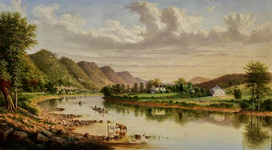 A pastoral landscape painting featuring a calm river, grazing cattle, and distant mountains under a cloudy sky.