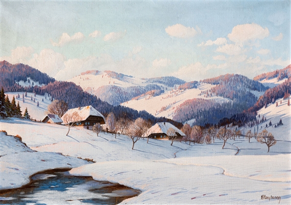 Black Forest houses in a sunny winter landscape with brook by Karl Hauptmann