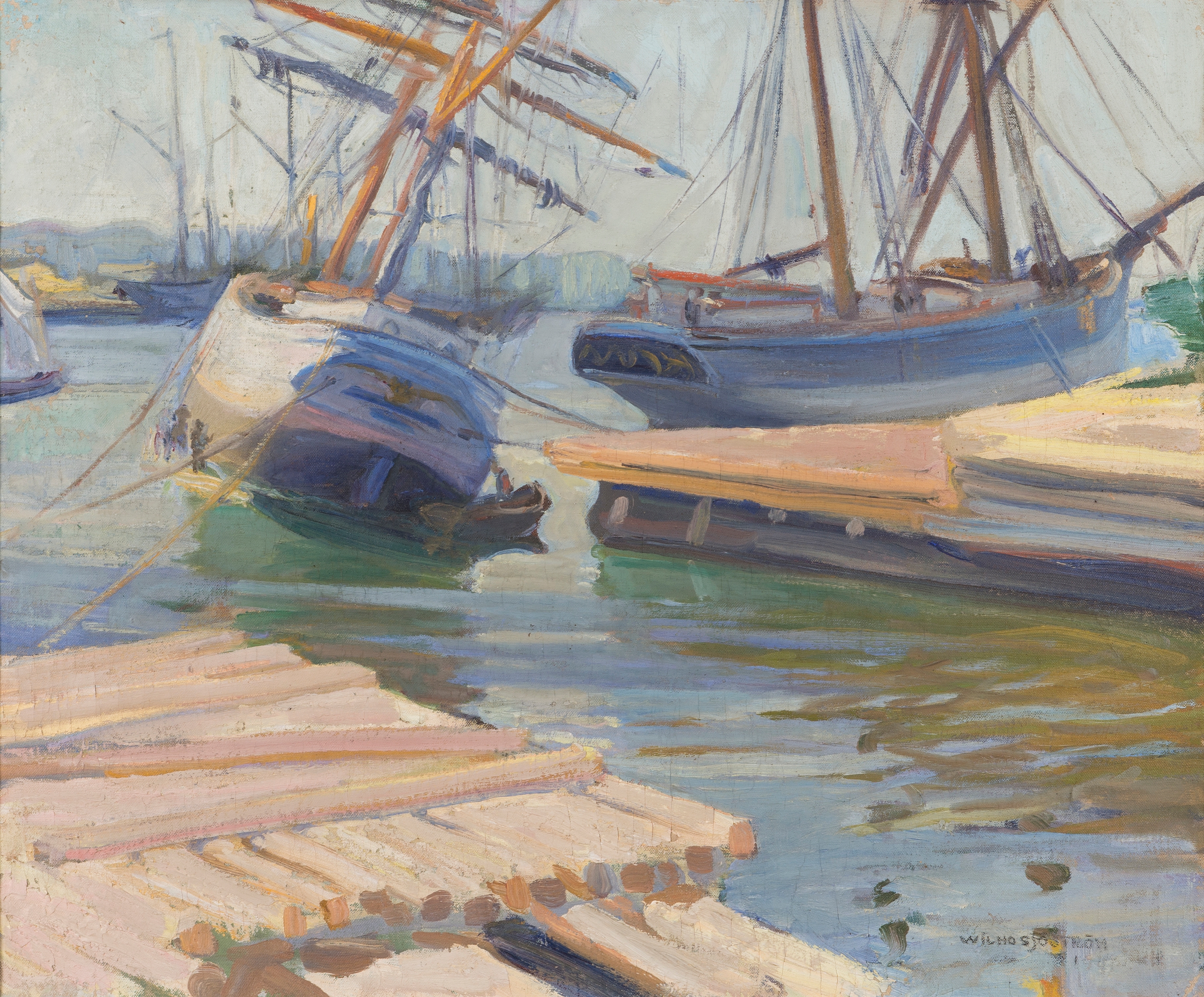 Artwork by Vilho Sjöström, Ships In The Harbour, Made of oil on canvas