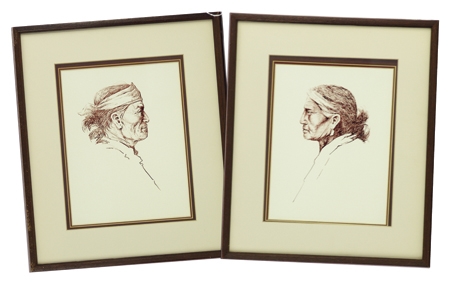 2 works: Navajo man and woman in profile by Tony Begay, circa 1960s