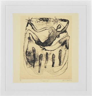 A surreal black-ink etching of a figure contorted inside a large, rounded vessel against a pale background.