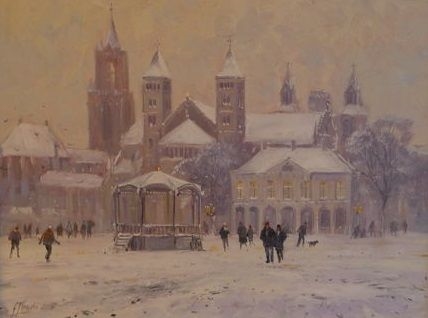 Artwork by Gert-Jan Veenstra, Maastricht Vrijthof in winter, Made of Oil on panel