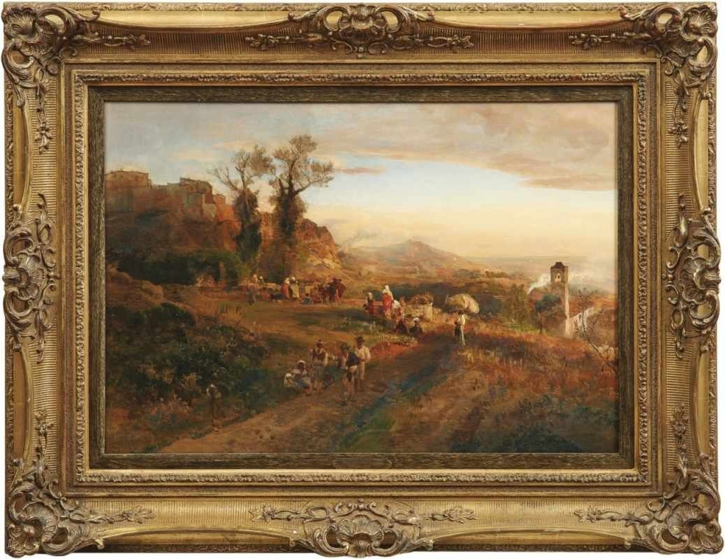 Artwork by Oswald Achenbach, Erntearbeiter bei der Rast in italienischer Landschaft, Made of oil on canvas