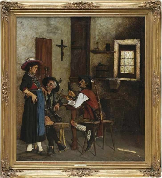Zwei Jäger mit einem Dirndl in der Stube by Woldemar von Reichenbach