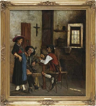 Zwei Jäger mit einem Dirndl in der Stube - Woldemar von Reichenbach