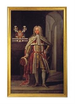 Portrait of Thomas Fermor, 1st Earl of Pomfret (1698-1753), full-length, in Peer's robes, in an interior - Enoch Seeman