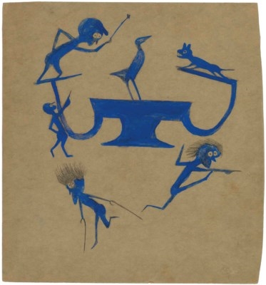 Exciting Event in Blue: Four Wild Men, Barking Dog, Perched Bird and Construction by Bill Traylor, 1939-1942