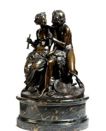 Pan teaching Daphnis to play the pipe, seated on a rocky outcrop by Jean-Jacques Feuchere