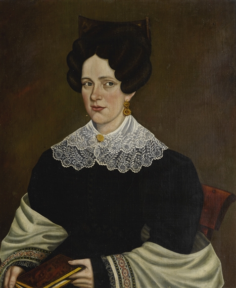 PORTRAIT OF A DARK HAIRED LADY WITH LARGE TORTOISESHELL COMB AND DOUBLE LACE COLLAR by Erastus Salisbury Field, Circa 1830