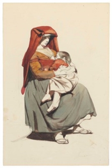 A woman in a red hooded cloak holds a swaddled infant while seated.