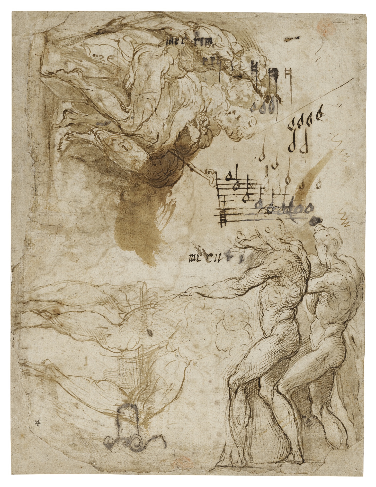 Artwork by Parmigianino, RECTO: STUDIES OF SHEPHERDS FOR AN ADORATION; VERSO: TWO PUTTI AMONG FOLIAGE, Made of Pen and brown ink and wash