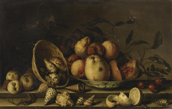 STILL LIFE WITH BASKET OF SHELLS, A PLATE WITH FRUITS AND INSECTS by Balthasar van der Ast