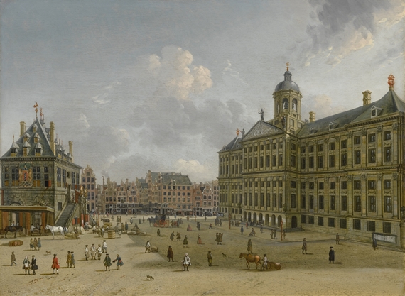 AMSTERDAM, A VIEW OF DAM SQUARE, TOWARDS THE KALVERSTRAAT WITH THE TOWN HALL TO THE RIGHT, AND THE WAAG TO THE LEFT by Jan ten Compe, 1739