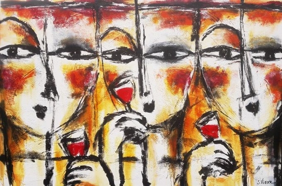 A vibrant abstract portrait of multiple figures in a row, each holding a red wine glass.