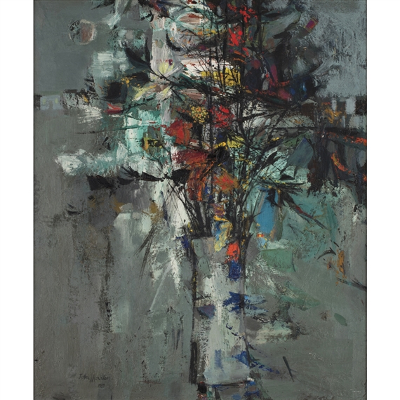 Flowers and Village by John Houston, 1959