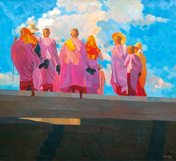 ミャンマー 有名画家 Soe Aung 漁船と夕日 絵画 Pictures of