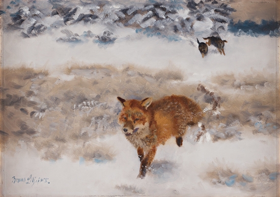 Winter landscape with fox and hounds
