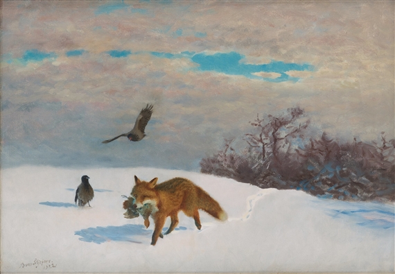 Winter landscape with fox and prey