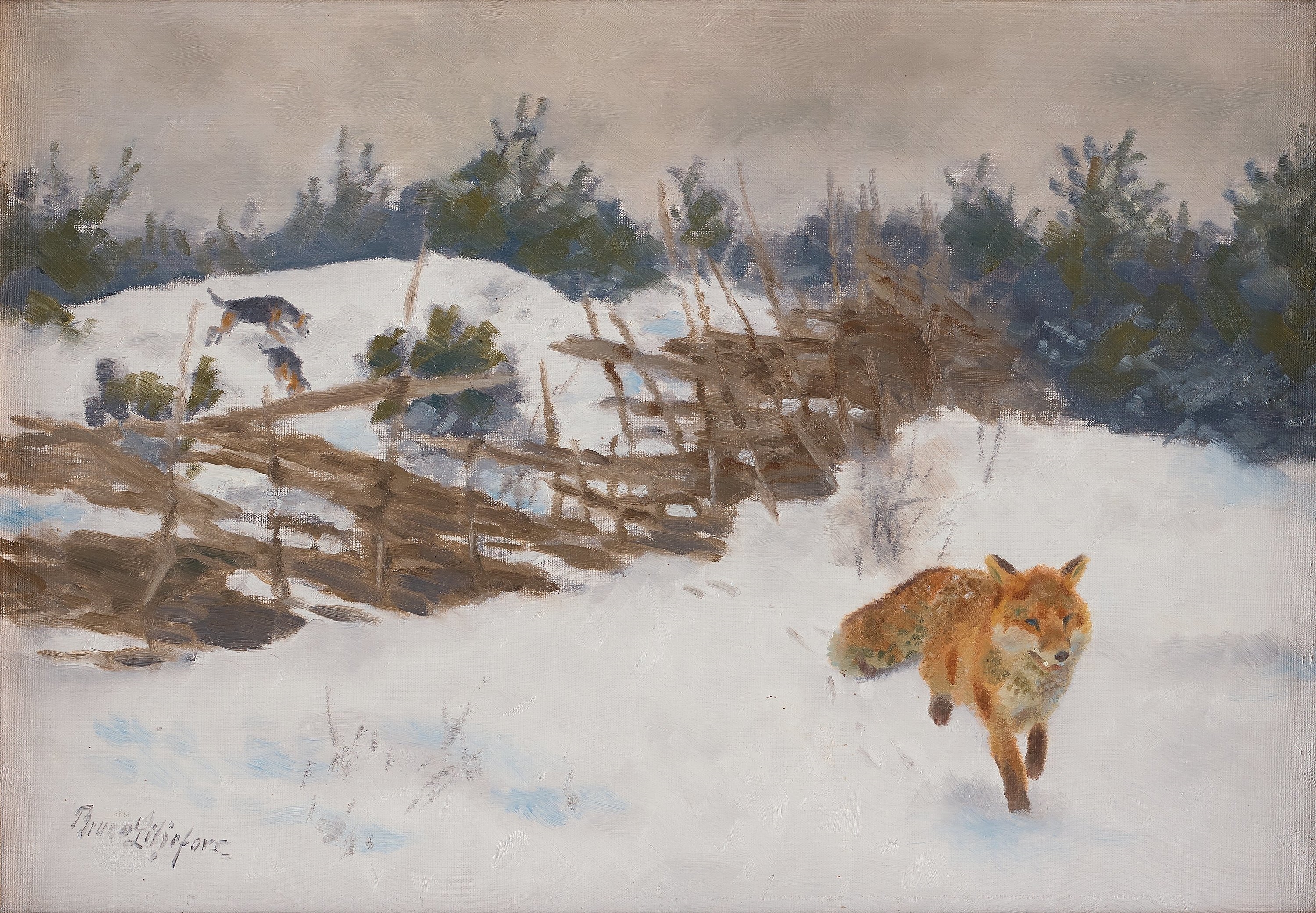 Artwork by Bruno Liljefors, Winter scene with fox and hounds, Made of Oil on canvas