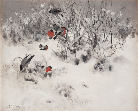 Winter landscape with bullfinches