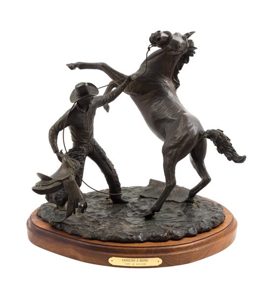 Artwork by Earl Wesley Bascom, Saddling a Bronc, Made of bronze