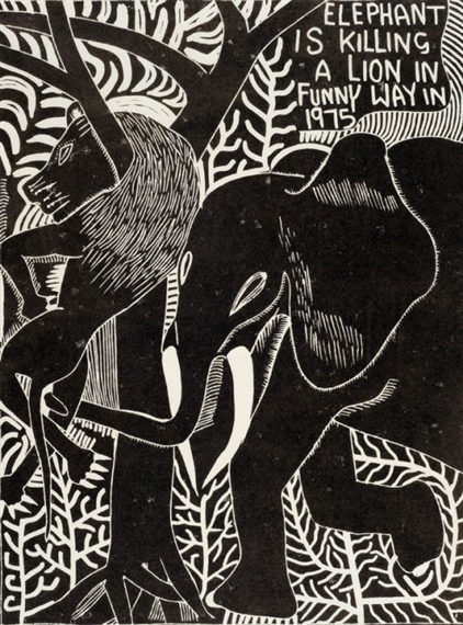 Elephant is Killing a Lion in Funny Way in 1975 by John Ndevasia Muafangejo, 1975