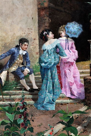 Depicting four ladies and two gentleman strolling through a classical architectural landscape. by Filippo Indoni, 1878