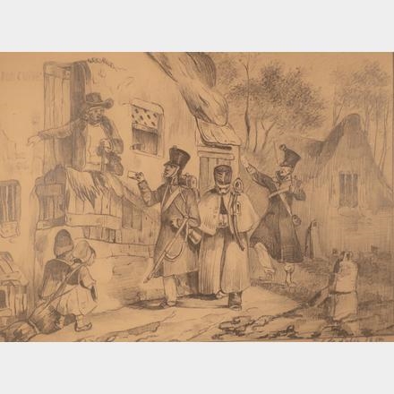 Bon Globe?, Napoleonic Soldiers with billet cards outside an inn - Jan Adriaan Antonie de Lelie