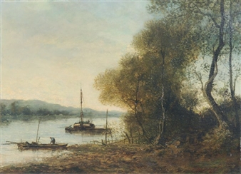Abendstimmung am Fluss mit Fischerbooten - Henri Gounin