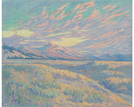A vibrant landscape painting of a mountain valley under a colorful sky.