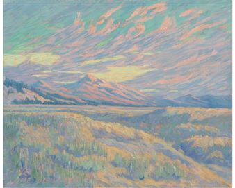 A vibrant landscape painting of a mountain valley under a colorful sky.