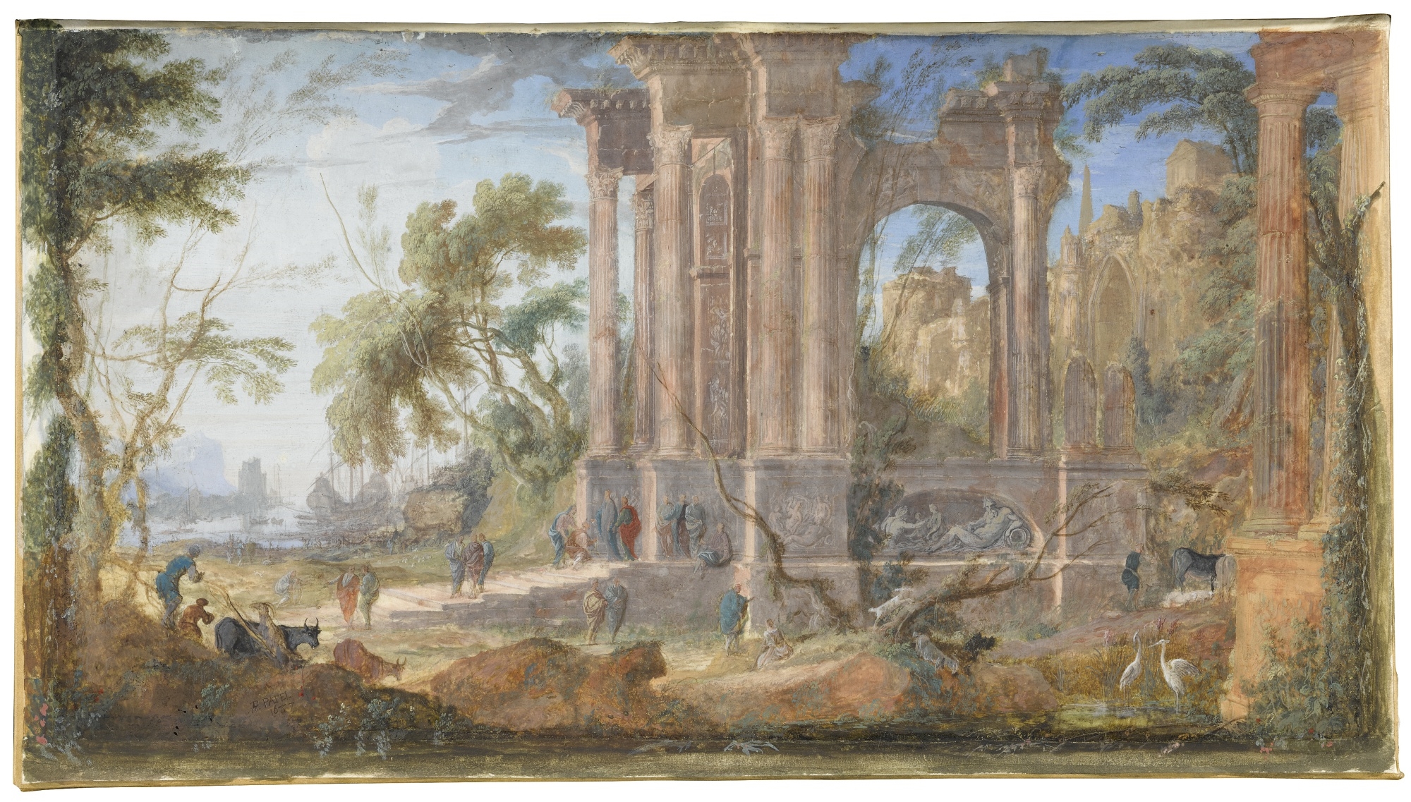 Artwork by Pierre Antoine Patel, LANDSCAPE WITH CLASSICAL RUINS, A PORT IN THE BACKGROUND, Made of Gouache on vellum