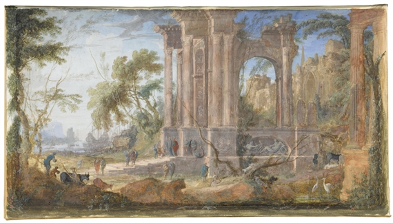 LANDSCAPE WITH CLASSICAL RUINS, A PORT IN THE BACKGROUND by Pierre Antoine Patel, 1687