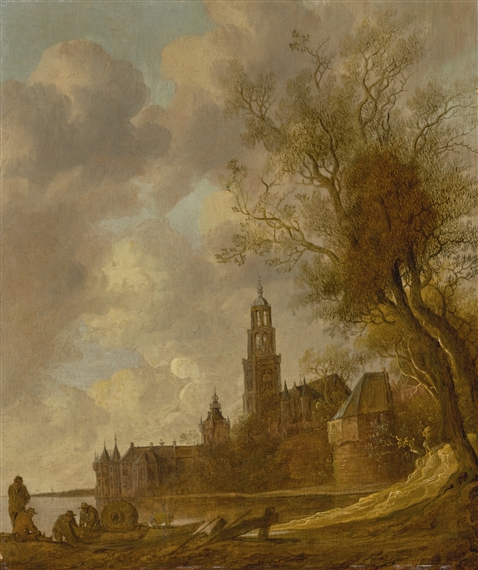 A WOODED RIVER LANDSCAPE WITH FISHERMEN IN THE FOREGROUND, MONTFOORT CASTLE AND A FORTIFIED TOWN BEYOND by Anthonie Jansz. van der Croos