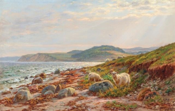 A coastal scene with grazing sheep by Emil Carl Lund