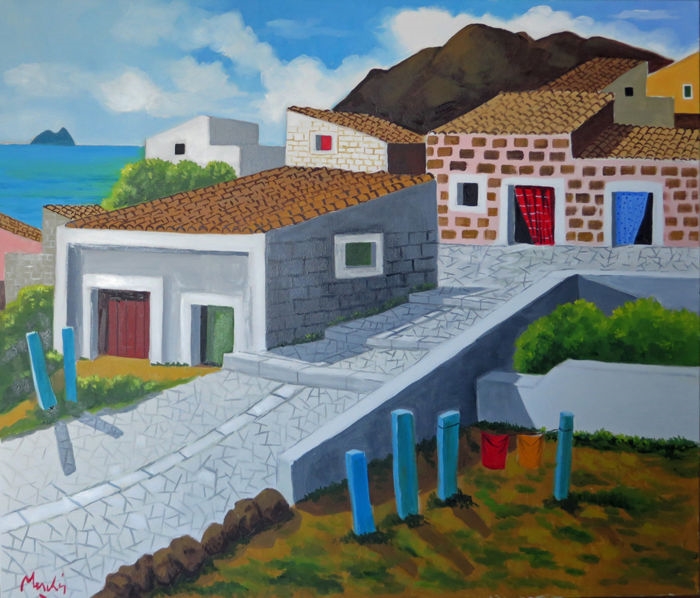 Artwork by Renzo Meschis, Paesaggio costiero con panni stesi e travi, Made of Oil on canvas