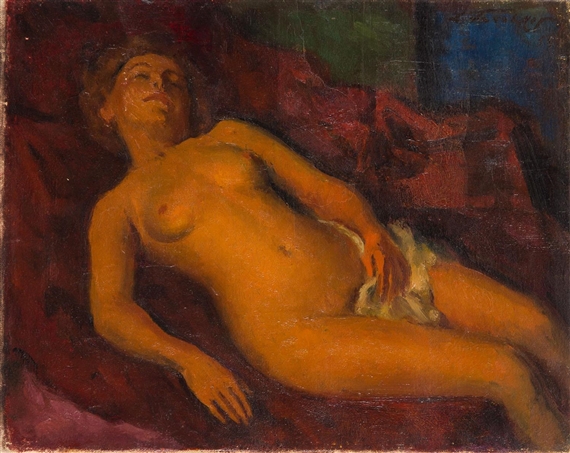 Lying woman nude with the red fabric by Léonid Frechkop, 1954