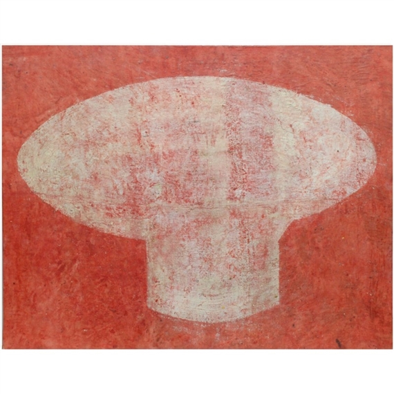 A minimalist print of a mushroom-like shape in off-white against a textured red background.