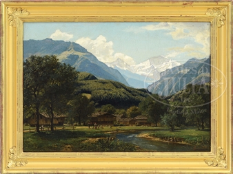 ALPINE VILLAGE WITH STREAM AND MOUNTAINS - Fritz Eduard‏ Pauli