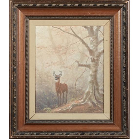 A framed painting of a deer standing in a misty forest.