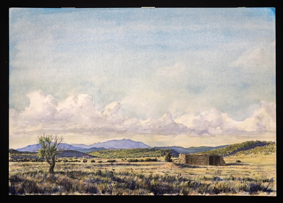 A watercolor landscape of a dry, open plain with distant mountains and a solitary tree.
