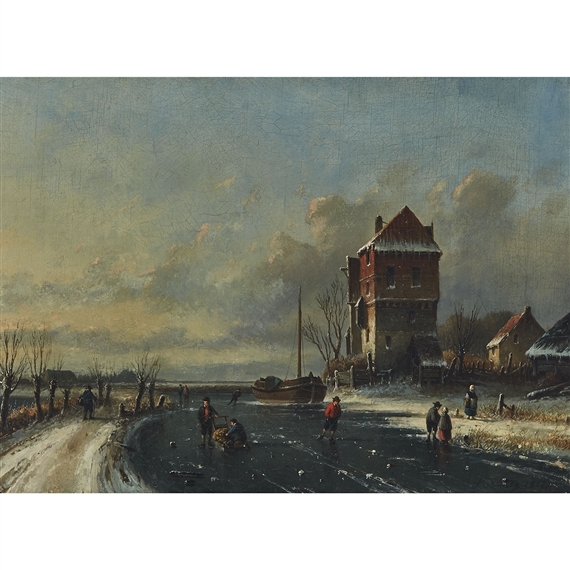 SKATERS ON A FROZEN POND by Louis Smets, 1867