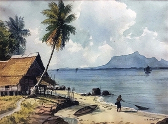 Original Signed Malaysian Watercolor A.B Ibrahim fisherman Hut Village