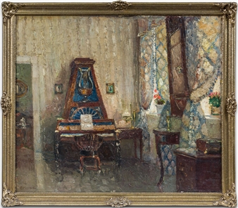 Biedermeier-Interieur mit Lyraklavier - Ernst Kolbe