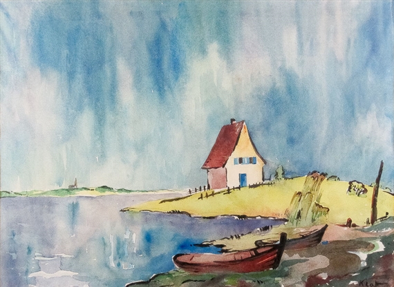 Fischerboote und -hütten am Ostseestrand. Haus und Boote am Seeufer. by Albert Klatt