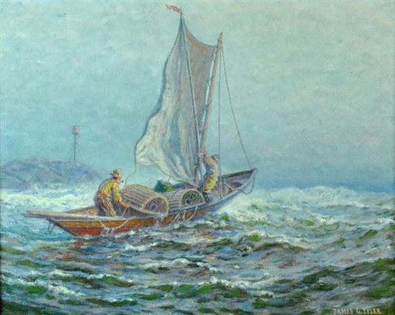 two fisherman setting traps at the point light by James Gale Tyler, 1919