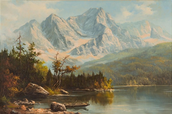 A serene landscape painting featuring a tranquil lake, rocky shoreline, and majestic snow-capped mountains under a soft sky.