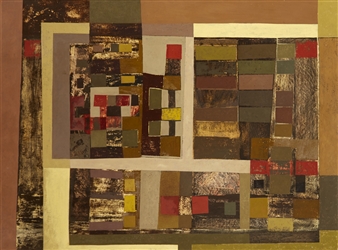 A geometric abstract composition featuring a grid of textured squares in earthy tones.
