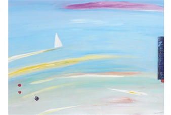 A serene seascape painting featuring a sailboat on calm waters with abstract color bands and a distant landmass.